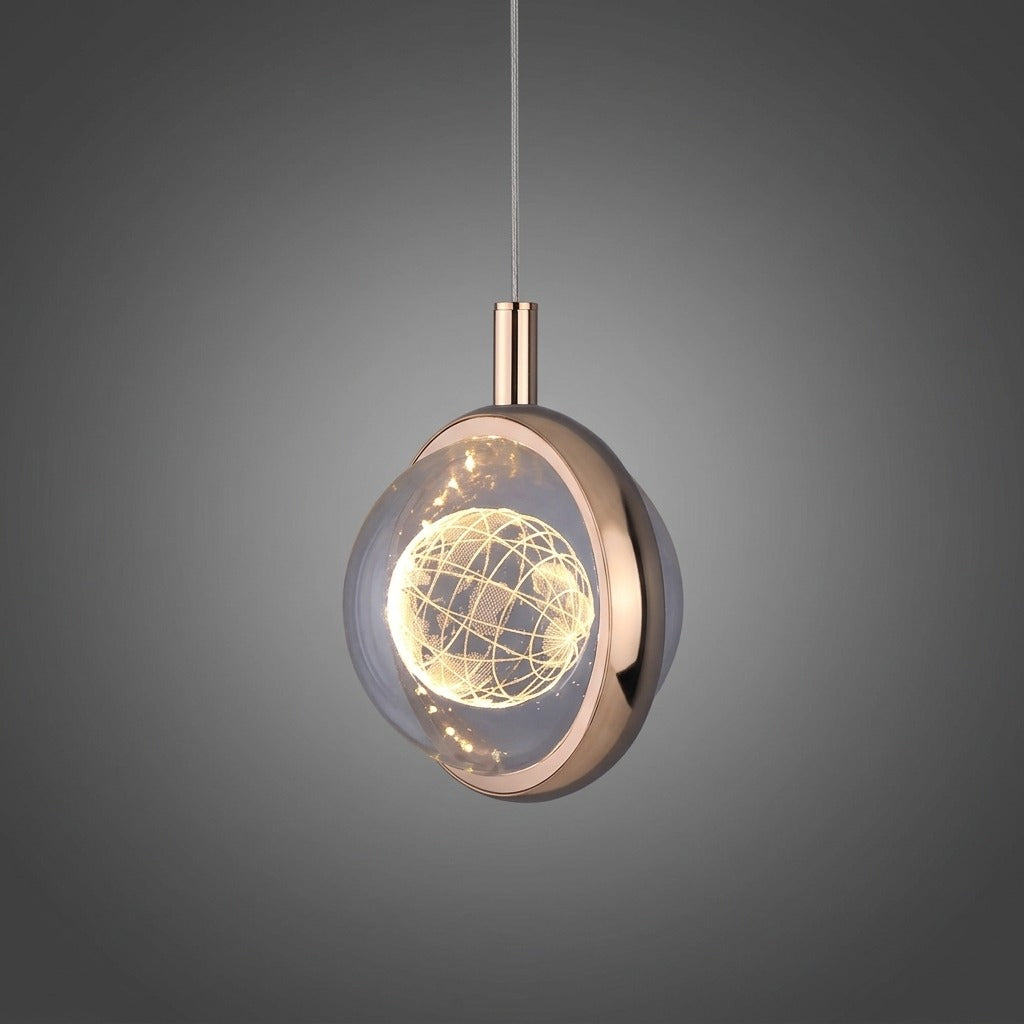 Suspension Ronde LED Métal Doré Cristal, Motifs Lumineux Décoratifs