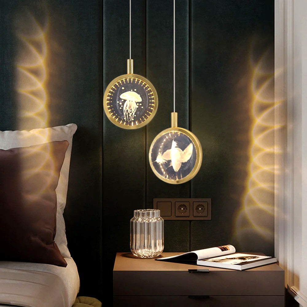 Suspension Ronde LED Métal Doré Cristal, Motifs Lumineux Décoratifs