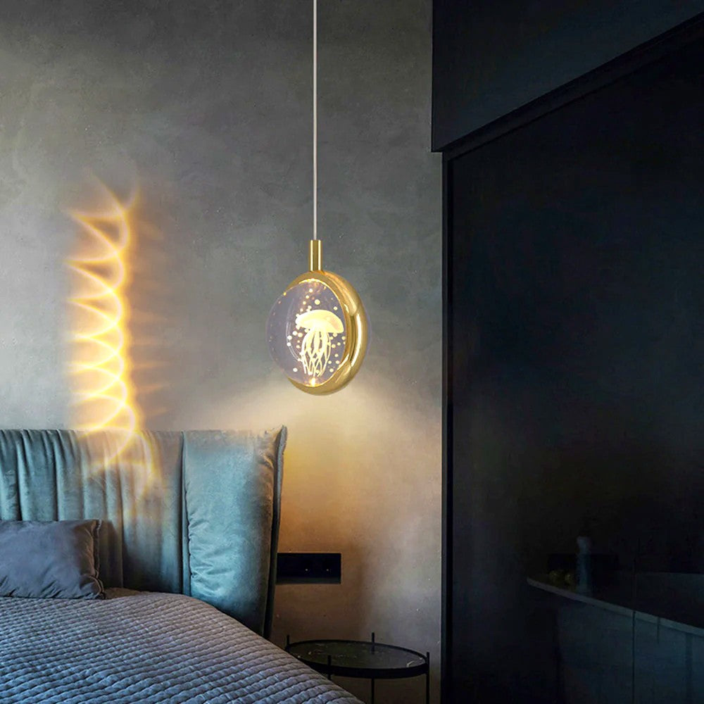 Suspension Ronde LED Métal Doré Cristal, Motifs Lumineux Décoratifs