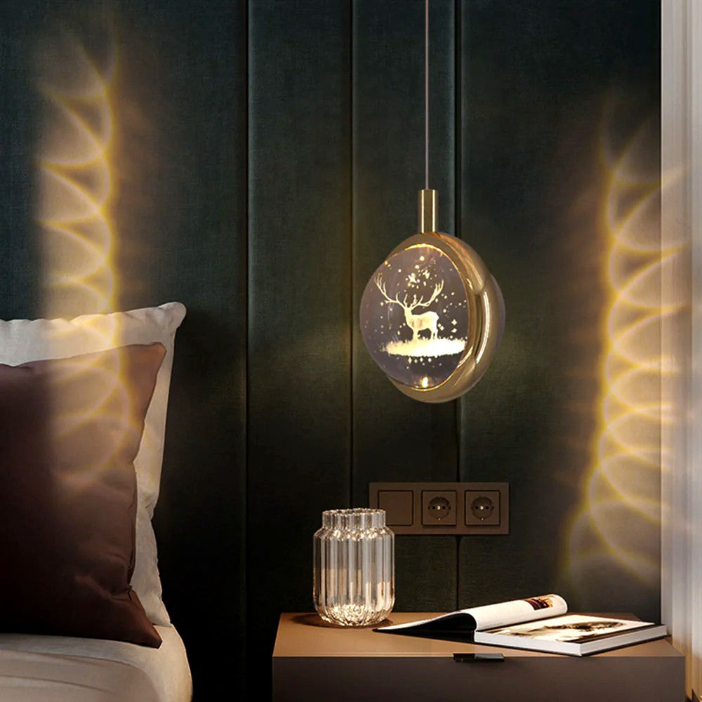 Suspension Ronde LED Métal Doré Cristal, Motifs Lumineux Décoratifs