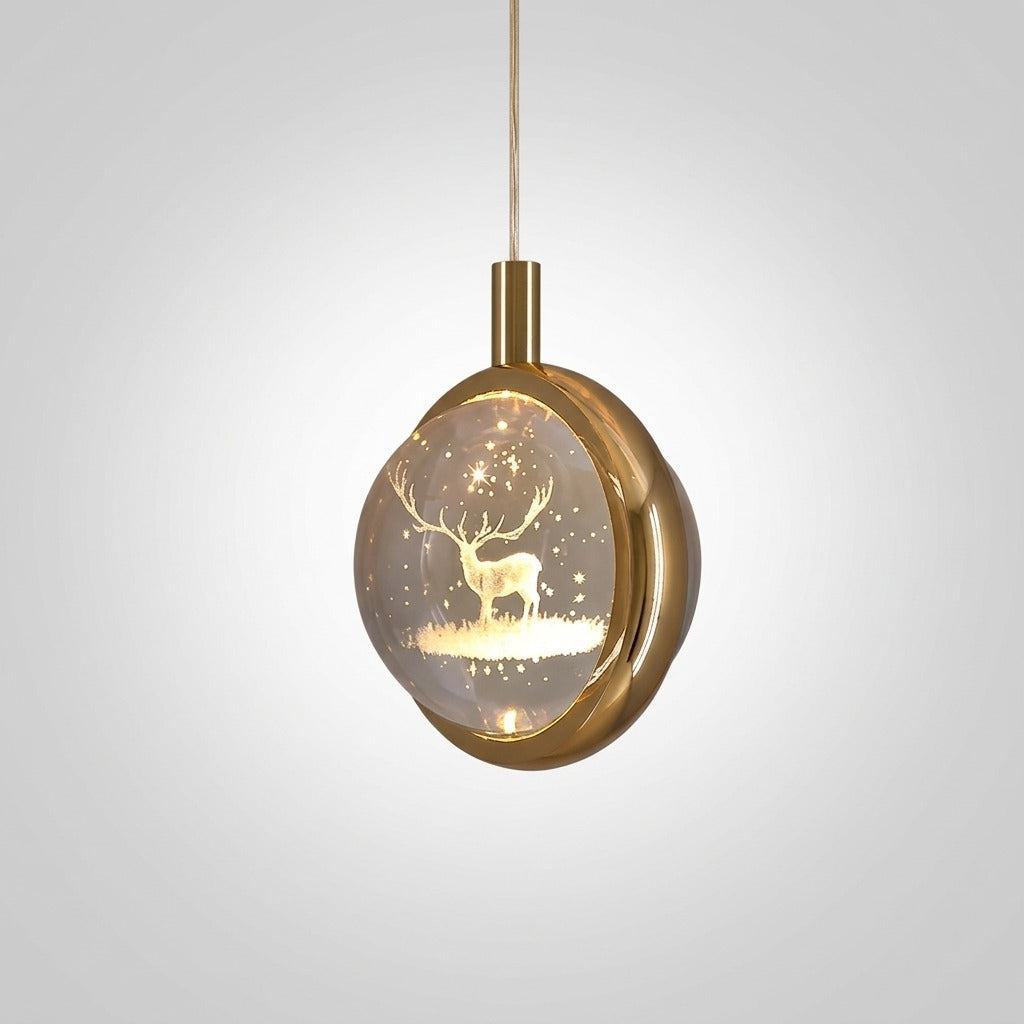Suspension Ronde LED Métal Doré Cristal, Motifs Lumineux Décoratifs