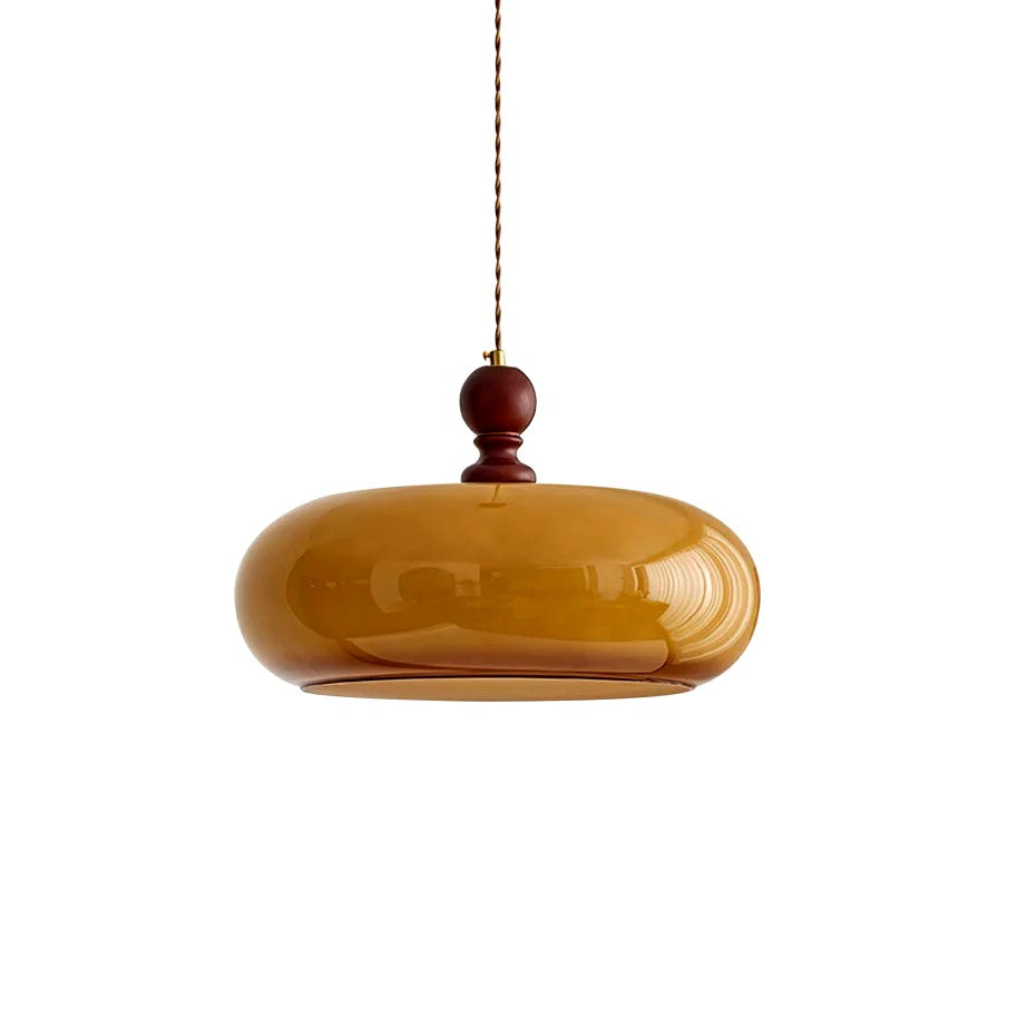Suspension Verre Ambre Abat-Jour Rond, Monture Noyer Rétro Chic, Salle Image