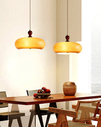 Suspension Verre Ambre Abat-Jour Rond, Monture Noyer Rétro Chic, Salle