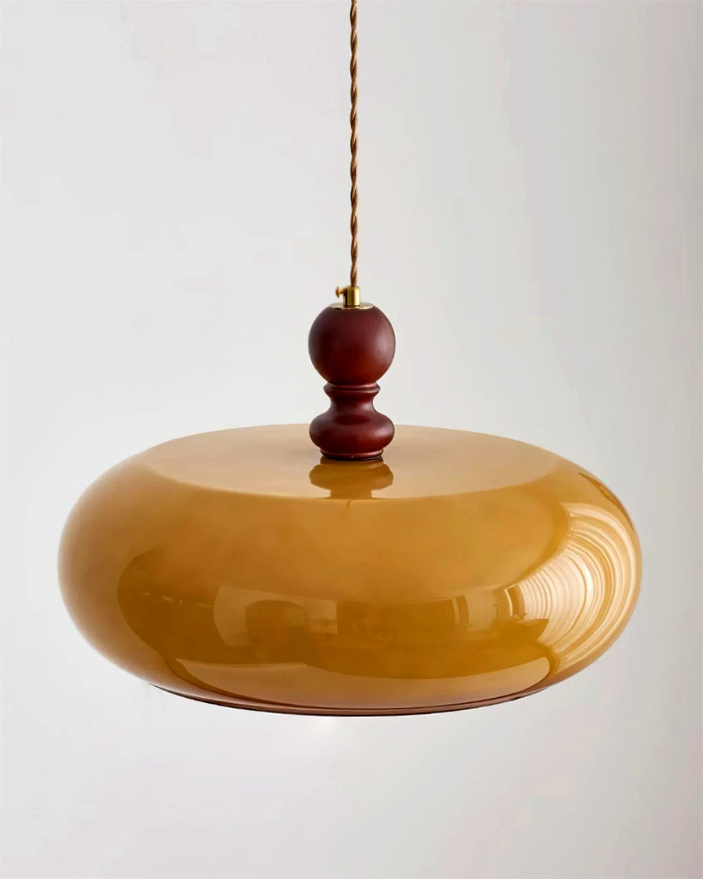 Suspension Verre Ambre Abat-Jour Rond, Monture Noyer Rétro Chic, Salle