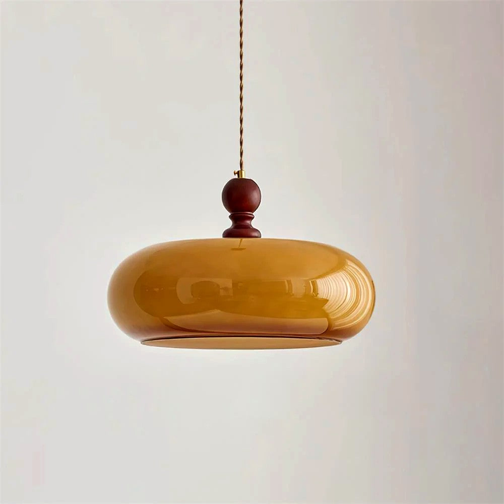 Suspension Verre Ambre Abat-Jour Rond, Monture Noyer Rétro Chic, Salle