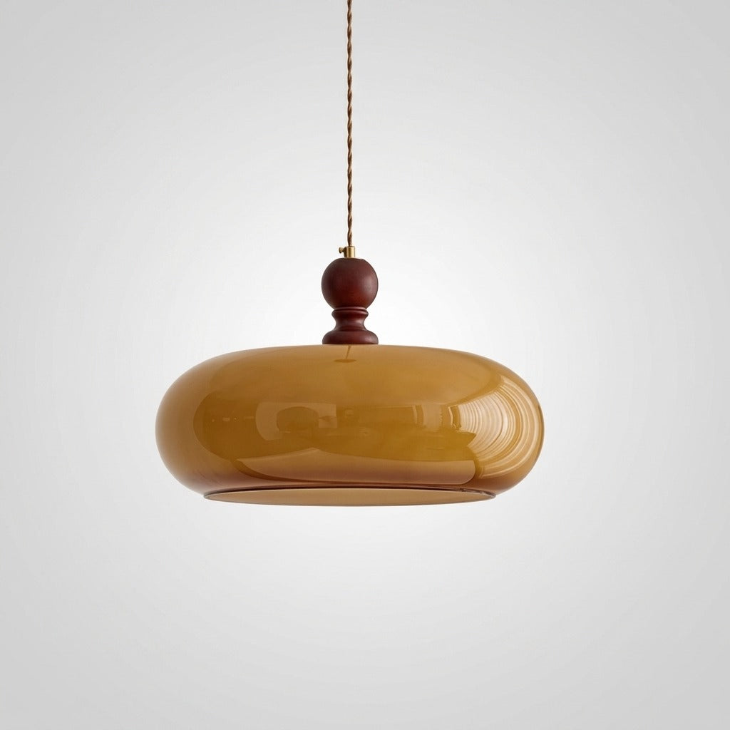 Suspension Verre Ambre Abat-Jour Rond, Monture Noyer Rétro Chic, Salle