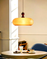 Suspension Verre Ambre Abat-Jour Rond, Monture Noyer Rétro Chic, Salle