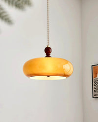 Suspension Verre Ambre Abat-Jour Rond, Monture Noyer Rétro Chic, Salle